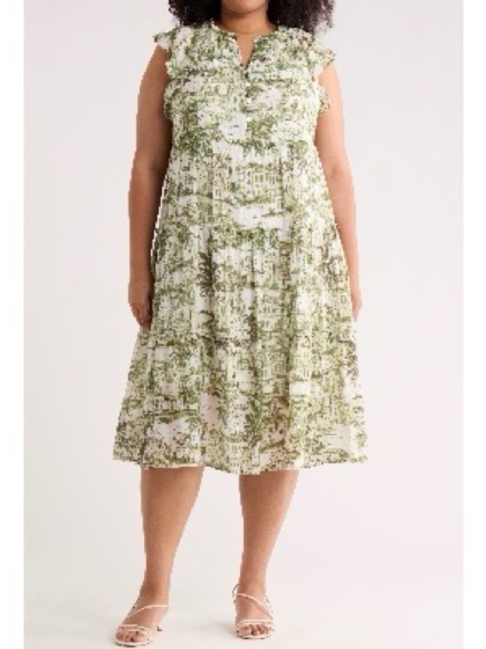 London Times Flutter Sleeve Midi Green Tiered Summer Dress Women’s Size 2X